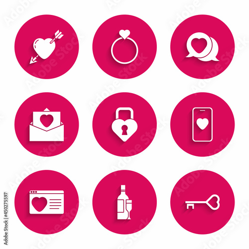 Set Castle in the shape of heart, Champagne bottle, Key, Online dating app and chat, Dating online, Envelope with Valentine, Heart speech bubble and Amour arrow icon. Vector
