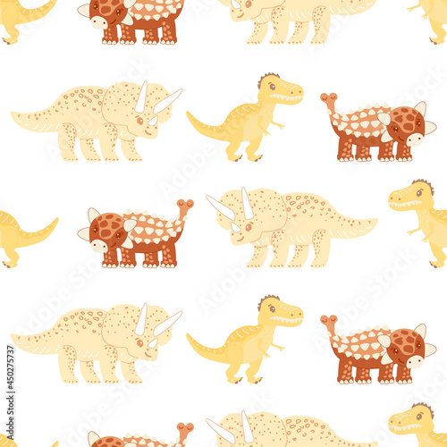 Fototapeta Naklejka Na Ścianę i Meble -  Cute seamless pattern with dinosaurs on a white background in bed colors. Childrens vector illustration in scandinavian style. Creative baby background for fabric, wallpaper, baby clothes, nursery