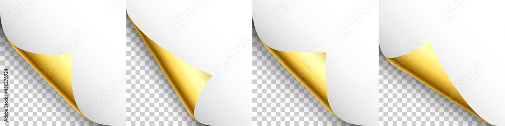 Set of golden paper curls. Curled page corner with shadow. Blank sheet of paper. Colorful shiny foil. Design element for advertising and promotion. Vector illustration. Set of golden paper curls. Curled page corner with shadow. Blank sheet of paper. Colorful shiny foil. Design element for advertising and promotion. Vector illustration.