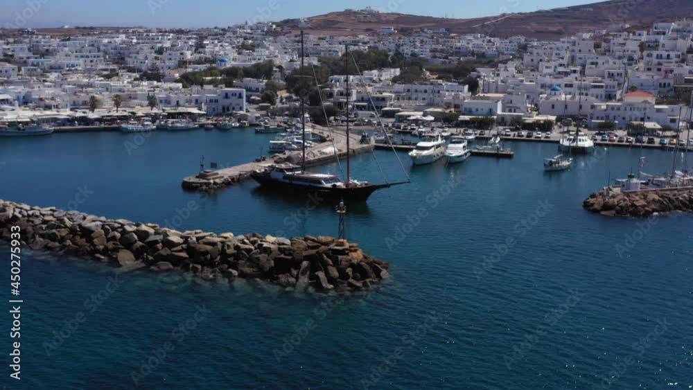 Naousa with the small harbor in Paros island in Greece. Aerial view Naousa with the small harbor in Paros island in Greece. Aerial view