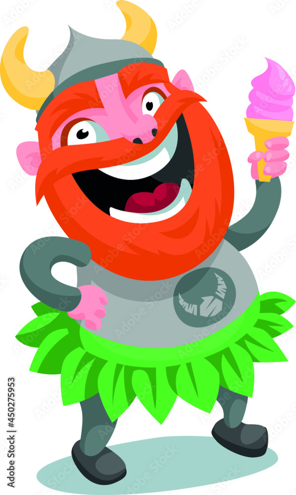A funny viking with a red beard holds an ice cream cone in his hands A funny viking with a red beard holds an ice cream cone in his hands