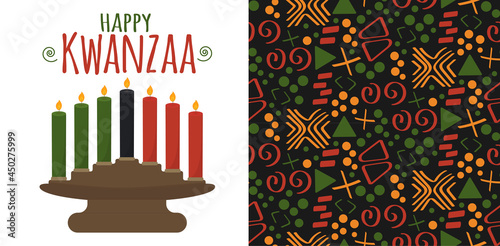 Happy Kwanzaa - set of vector illustration of candle holder kinara isolated on white with seven candles and Tribal African ethnic seamless pattern background with simple lines and figures.