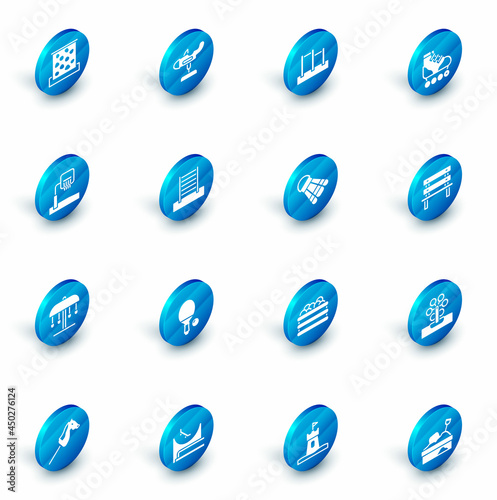 Set Swing plane, Horizontal bar, Roller skate, Basketball backboard, Attraction carousel, Swedish wall, Bench and Badminton shuttlecock icon. Vector