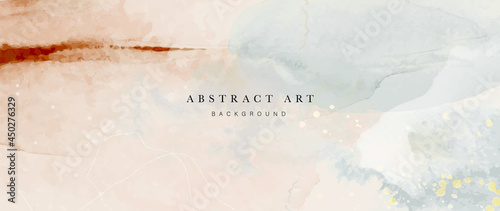 Watercolor art background vector. Wallpaper design with paint brush and gold line art. Earth tone blue, pink, ivory, beige watercolor Illustration for prints, wall art, cover and invitation cards.
