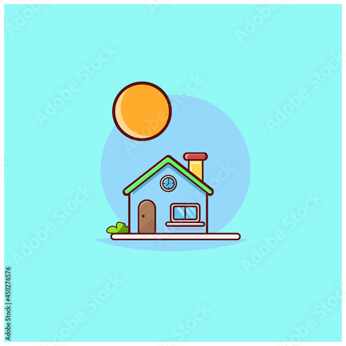 illustration vector graphic of house and view of the sun and flower garden
