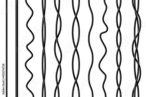 Set of black flexible cables with shadow. Electrical wire. Realistic power or network cable. Vector illustration.