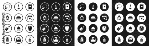 Set Holy book of Koran, Muslim hat for prayer, Ramadan Kareem lantern, Rosary beads religion, calendar, Burning candle, Shirt kurta and Bottle water icon. Vector