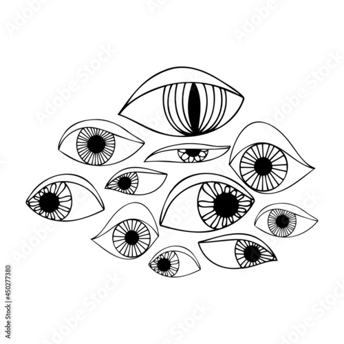 Vector isolated colorful abstract illustration of lined black ornamental bright eye shapes