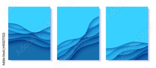 Set of flyers with blue waves in paper cut style. Collection of three papercut art empty banners for environment or World Water day. Vector advertising poster template for Save the Oceans day 8 june.