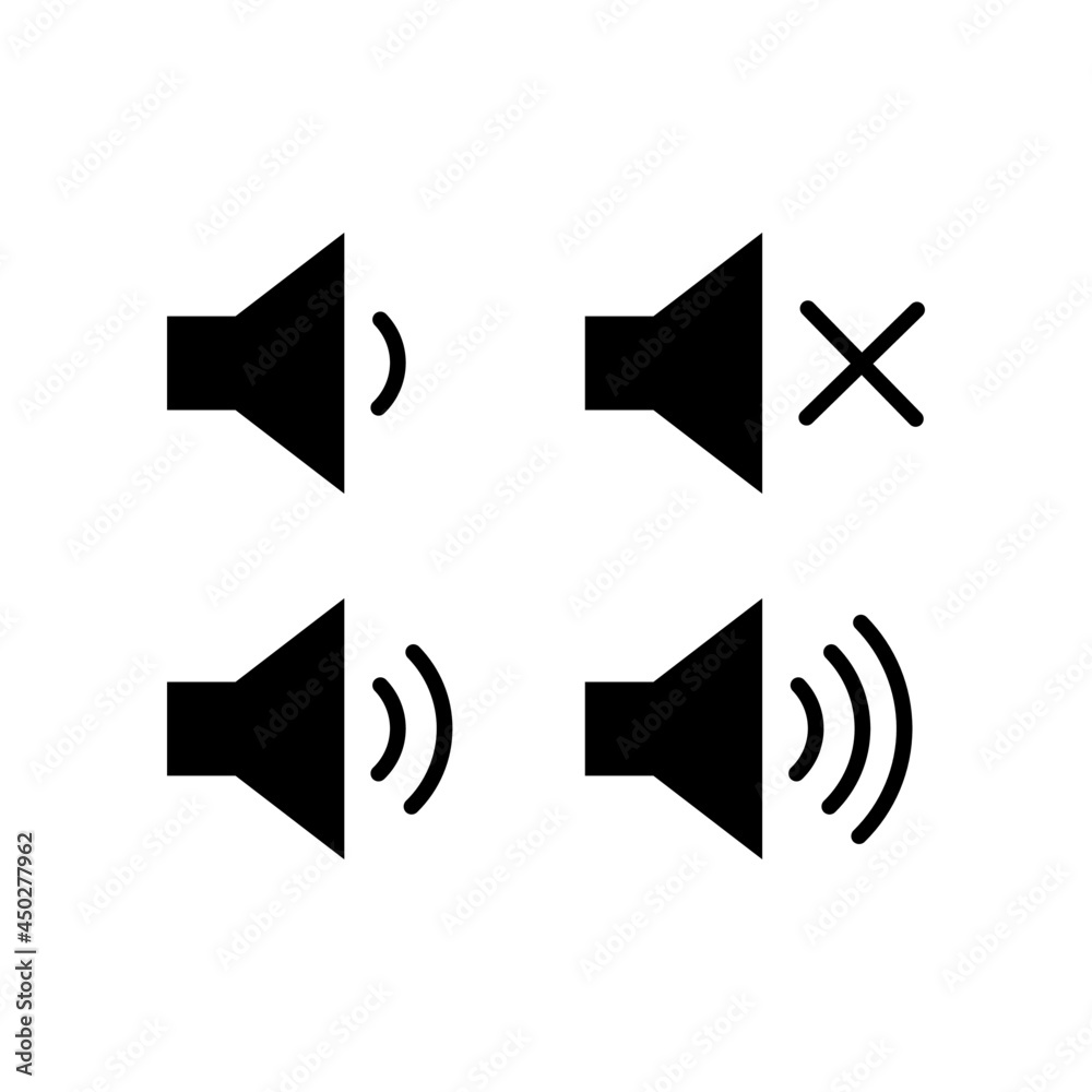 Speaker audio icon set. Volume voice control on off mute symbol. Flat application interface sound sign button. Vector illustration image. Isolated on white background. Speaker audio icon set. Volume voice control on off mute symbol. Flat application interface sound sign button. Vector illustration image. Isolated on white background.