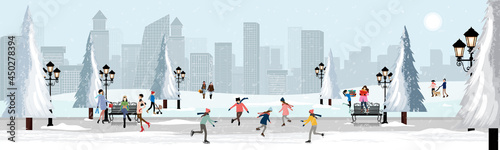 Winter lanscape in city with crowd people having fun celebrating in the park at night on Christmas Eve,Vector cartoon Greeting card for New year and Christmas 2022