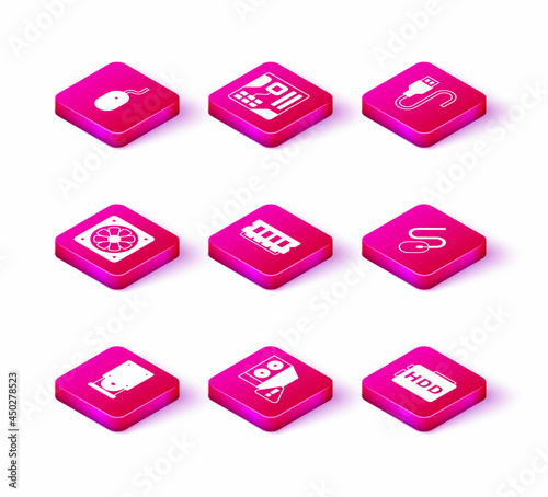 Set Optical disc drive, Case of computer, Computer cooler, RAM, random access memory, Hard disk HDD, mouse, USB cable cord and Motherboard digital chip icon. Vector