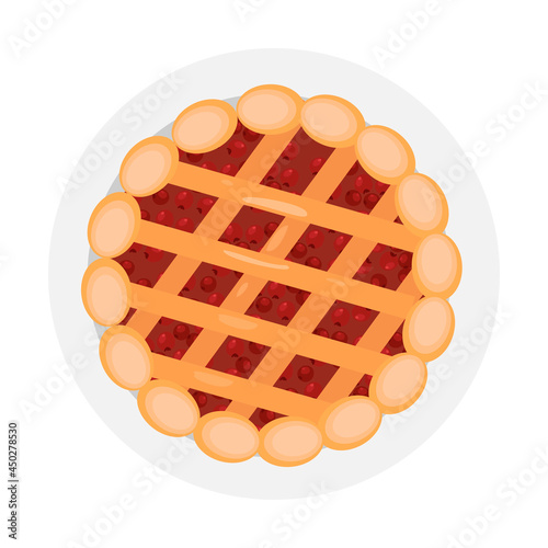 Cooked pie. Thanksgiving Day. Traditional food. Baked pie with berries and dough garnish. Vector illustration isolated on white background. Vector illustration
