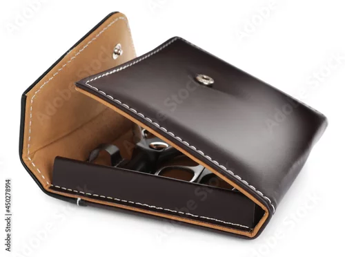 Obraz Stylish open case with manicure set isolated on white