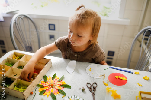 Cute kid exploring leaves and petals at home, child making crafts from natural materials, natural science for preschoolers, collecting natural materials and creative cognitive interest, home teaching photo