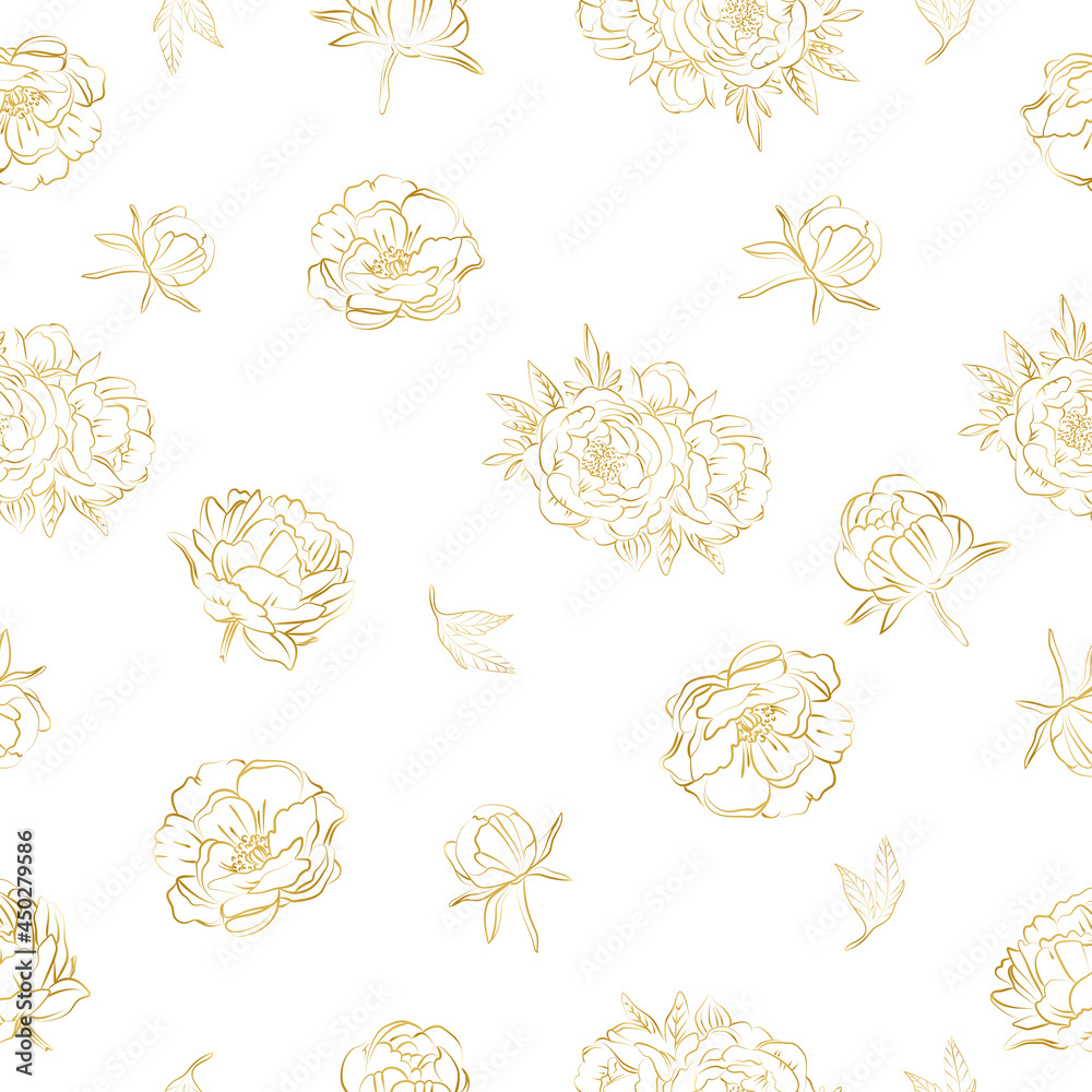 Elegant outline sketching of peony's flowers, vector illustration, seamless pattern