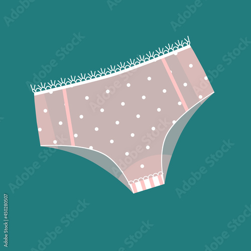 Women's transparent polka dot panties. Lingerie isolated on a green background. Flat cartoon colorful vector illustration. For a poster, store, card, logo, social media post, fashion blog, magazine.