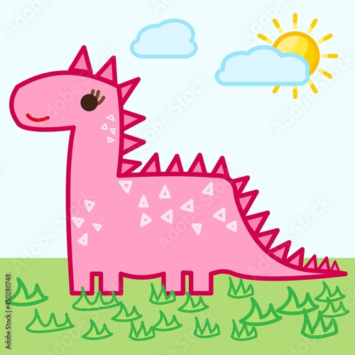 Pink dinosaur Line Icons design black. Hand-drawn pink dinosaur. Drawing pink dinosaur, sketch. Vector illustration. Dinosaur and nature picture.