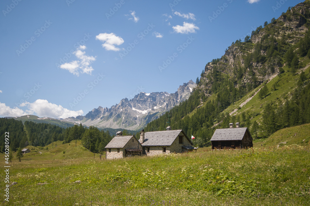 Panoramic view of Crampiolo alpine village in Val Devero, Piedmont, Italy