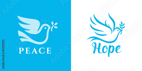Fototapeta Naklejka Na Ścianę i Meble -  Dove icons set. Hope and peace symbol with flying bird and olive branch. Vector illustration.