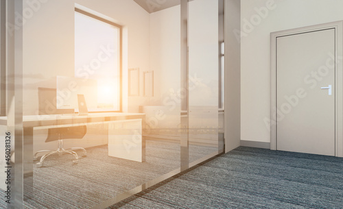 Modern office Cabinet. 3D rendering. Meeting room. Sunset.
