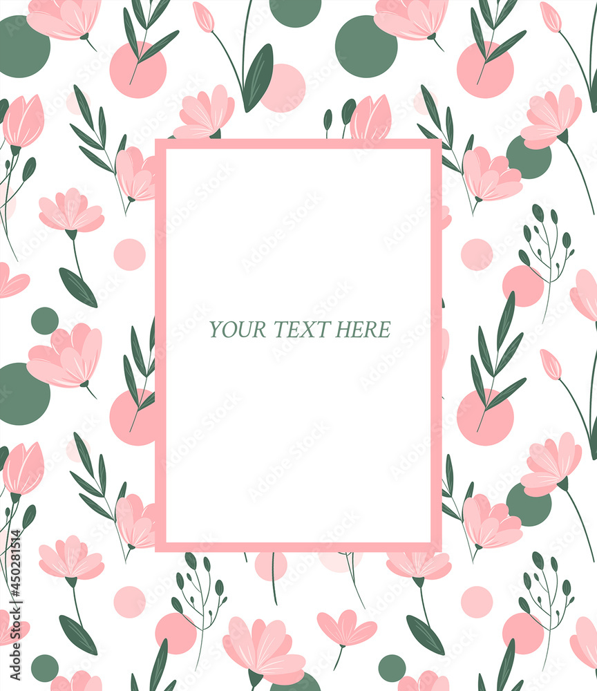 Cute pink flowers postcard, greeting, card, invitation, frame, border. Botanical blank, template for copy space.