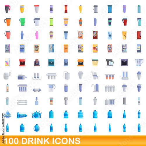 100 drink icons set. Cartoon illustration of 100 drink icons vector set isolated on white background