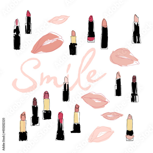 Vector hand drawn graphic fashion sketch lipstick. Trend colored glamour fashion illustration in vogue style