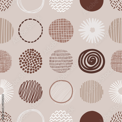 Hand drawn round decor abstract elements in rows. Isolated vector colorful seamless pattern on light background. Brown beige neutral color palette.