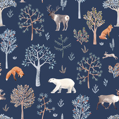 Fototapete Waldtiermuster Winterliches Aquarellmuster mit Bär und Fuchs  © Zenina-Lembrik