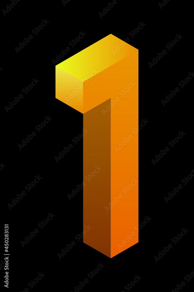 Gradient golden number 1 in isometric style. Yellow figure isolated on black background. Learning numbers, price, place. Gradient golden number 1 in isometric style. Yellow figure isolated on black background. Learning numbers, price, place.