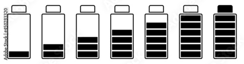 Charging level indicator design with batteries. Battery sign set with different charging status.
