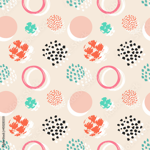 Trendy abstract print with hand drawn circles and textures. Abstract contemporary modern trendy seamless pattern. Stamp texture.