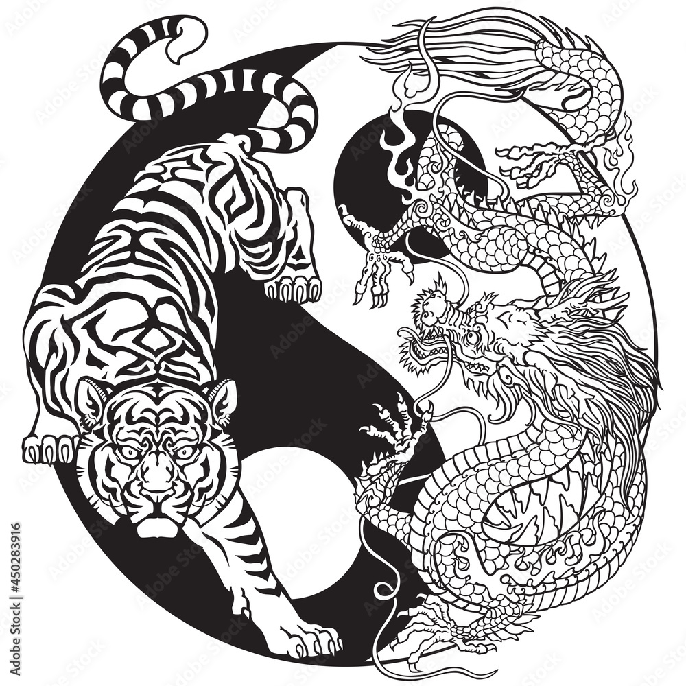 Tiger versus Chinese dragon in the yin yang symbol of harmony and balance.  Black and white Tattoo. Graphic style vector illustration Stock Vector |  Adobe Stock