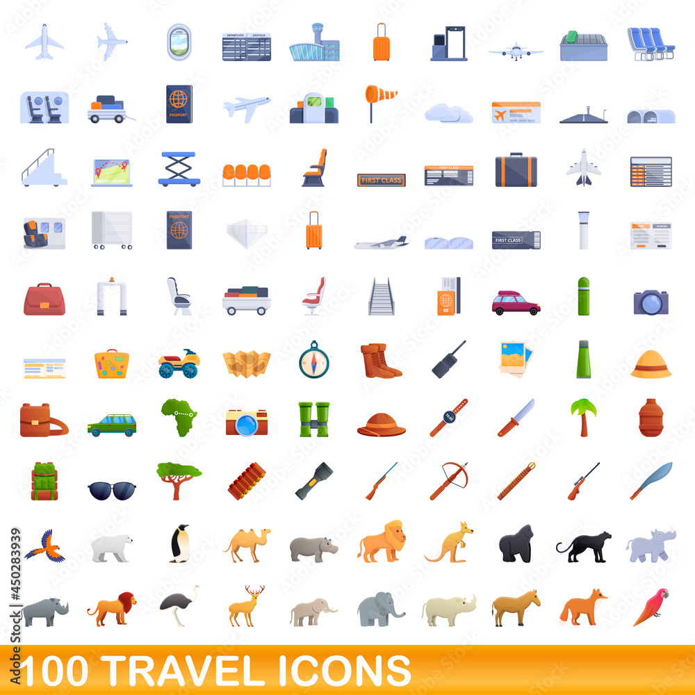 100 travel icons set. Cartoon illustration of 100 travel icons vector set isolated on white background 100 travel icons set. Cartoon illustration of 100 travel icons vector set isolated on white background