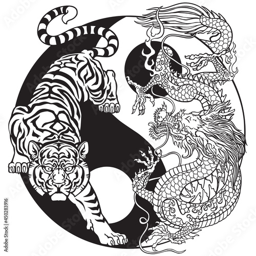 Tiger versus Chinese dragon in the yin yang symbol of harmony and balance. Black and white Tattoo. Graphic style vector illustration 