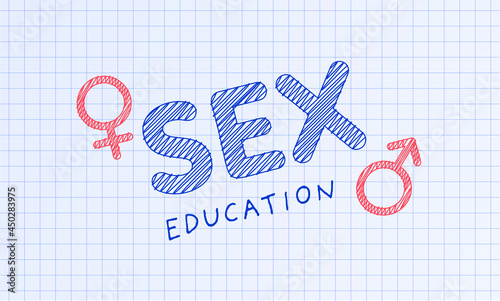 Sex education concept. Vector flat illustration. Banner template. Male and female gender sign with text on notebook paper background.