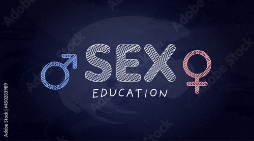 Sex education concept. Vector flat illustration. Banner template. Male and female gender sign with text on blackboard background.