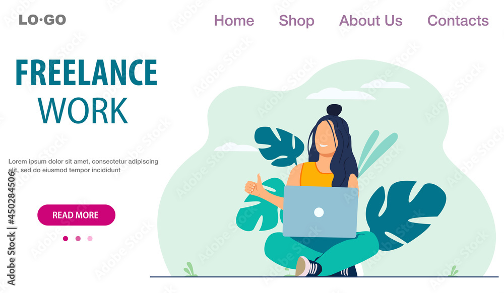 Web page template with young woman working with crossed lags on laptop. Freelance concept. Vector illustration in flat style for poster, banner and website development Web page template with young woman working with crossed lags on laptop. Freelance concept. Vector illustration in flat style for poster, banner and website development