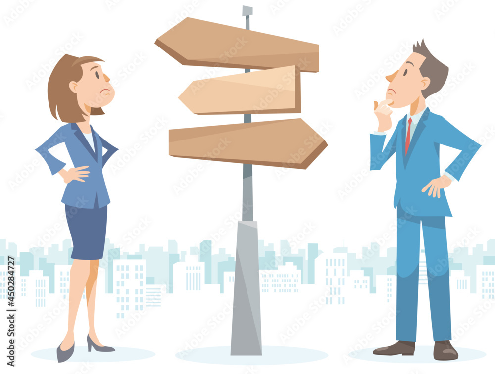 Two businessperson are standing at crossroads. Vector illustration in flat cartoon style.