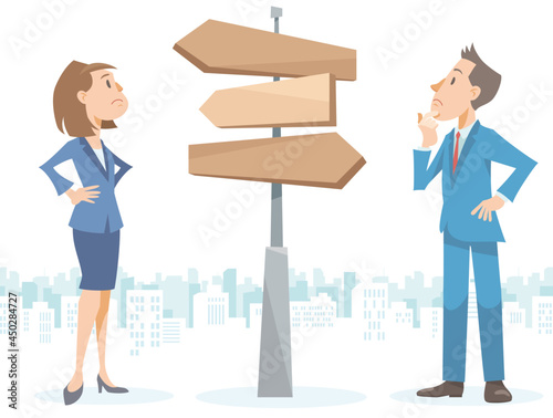 Two businessperson are standing at crossroads. Vector illustration in flat cartoon style.