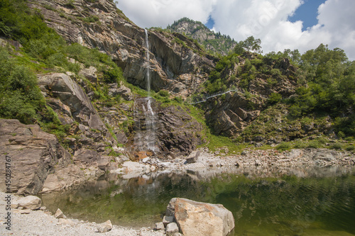 Panoramic view of Antrona lake and Sajont waterfall in Piemonte photo