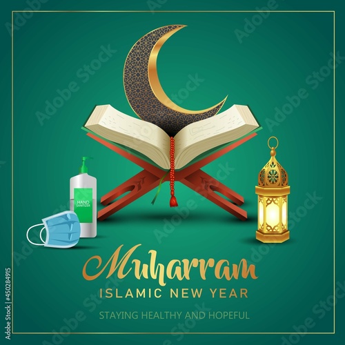 ramadan kareem greetings with Quran and wooden stand, patterned half moon. vector illustration design . covid 19, corona virus concept