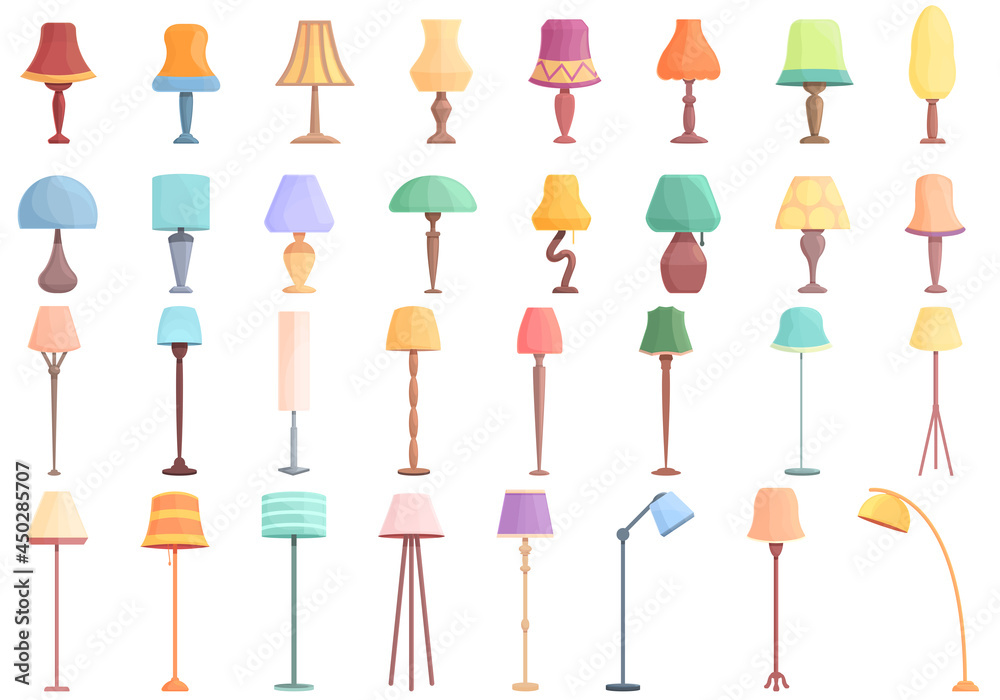 Torchere icons set cartoon vector. Light lamp. Apartment spotlight Torchere icons set cartoon vector. Light lamp. Apartment spotlight