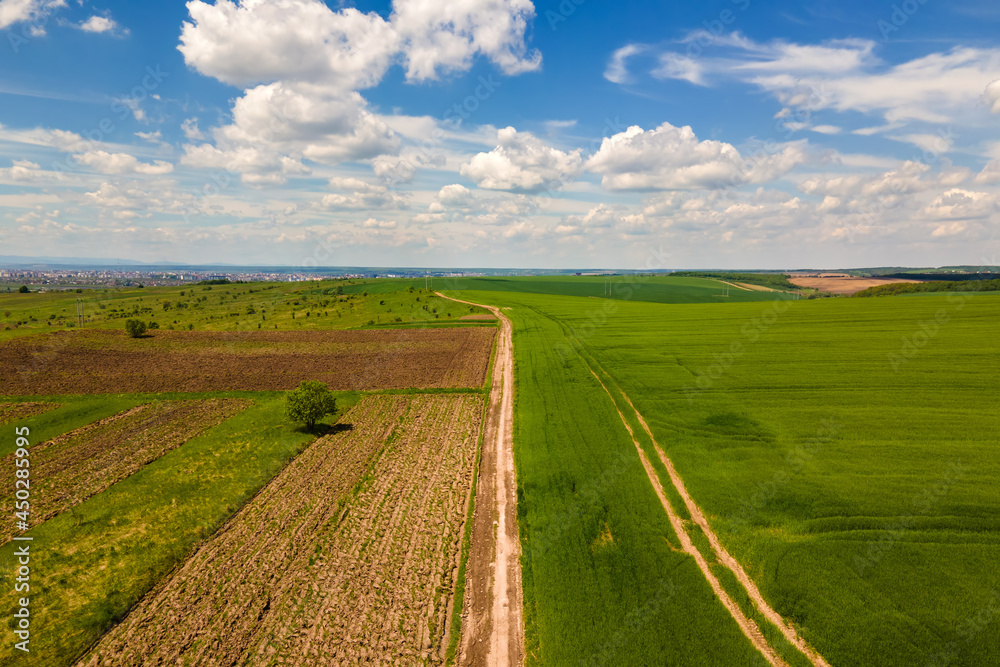 Aerial landscape view of green cultivated agricultural fields with growing crops on bright summer day. Aerial landscape view of green cultivated agricultural fields with growing crops on bright summer day.