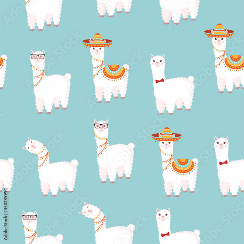 Seamless pattern with funny llamas in sombrero and glasses on a blue background. Vector illustration suitable for baby texture, textile, fabric, poster, greeting card, decor. Cute alpaca from Peru.