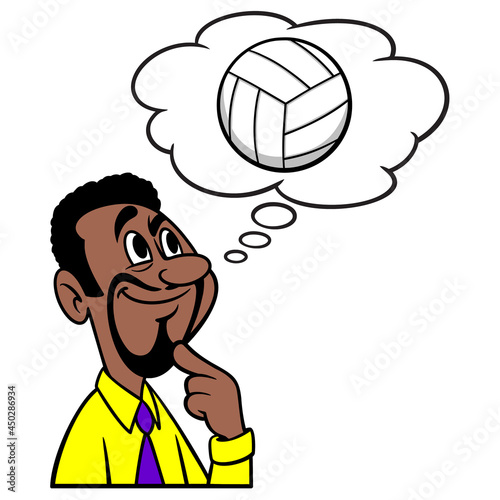 Man thinking about playing Volleyball - A cartoon illustration of a man thinking about a game of Volleyball.