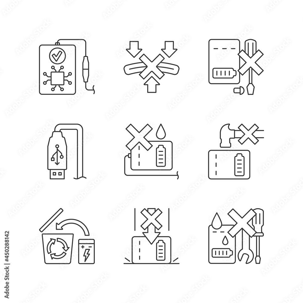 Power bank instruction linear manual label icons set. Short-circuiting risk. Customizable thin line contour symbols. Isolated vector outline illustrations for product use instructions. Editable stroke