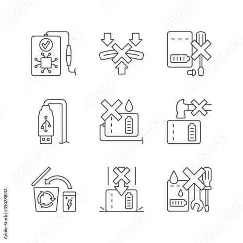 Power bank instruction linear manual label icons set. Short-circuiting risk. Customizable thin line contour symbols. Isolated vector outline illustrations for product use instructions. Editable stroke