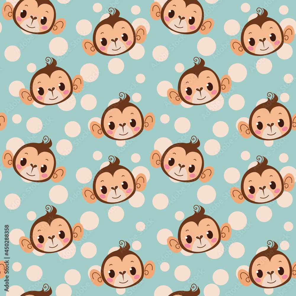 Seamless pattern with cute monkey on a blue polka dot background. Childish pattern with a monkey. Vector cartoon illustration for print on clothes, interior and printing. Seamless pattern with cute monkey on a blue polka dot background. Childish pattern with a monkey. Vector cartoon illustration for print on clothes, interior and printing.